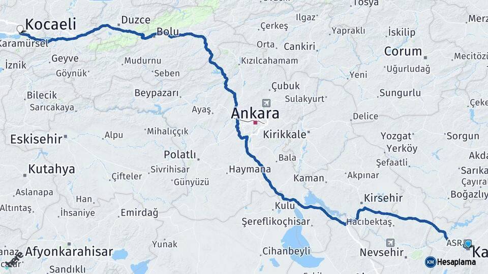 Kayseri İzmit Kocaeli Arası Kaç Km - Yol Haritası