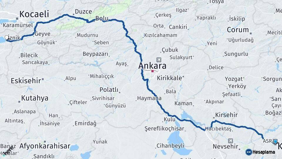 Kayseri İznik Bursa Arası Kaç Km - Yol Haritası