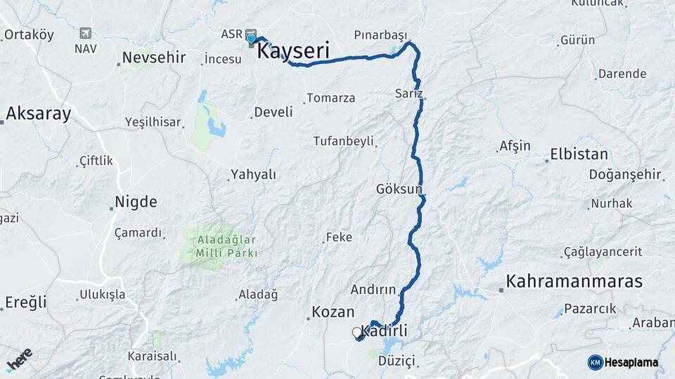 Kayseri Kadirli Osmaniye Arası Kaç Km - Yol Haritası