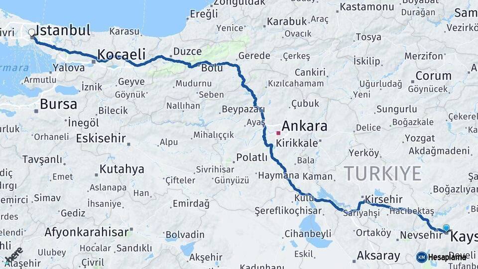 Kayseri Kağıthane İstanbul Arası Kaç Km - Yol Haritası