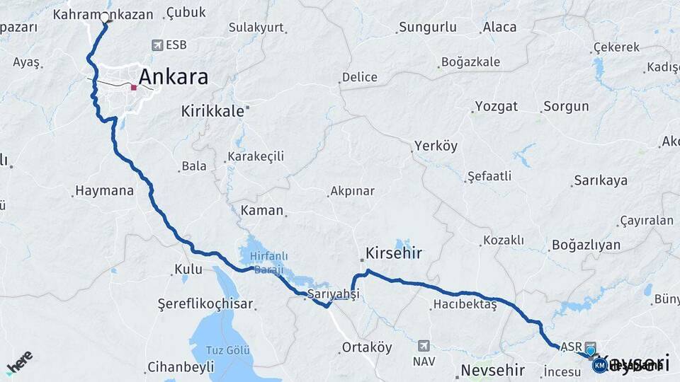 Kayseri Kahramankazan Ankara Arası Kaç Km - Yol Haritası