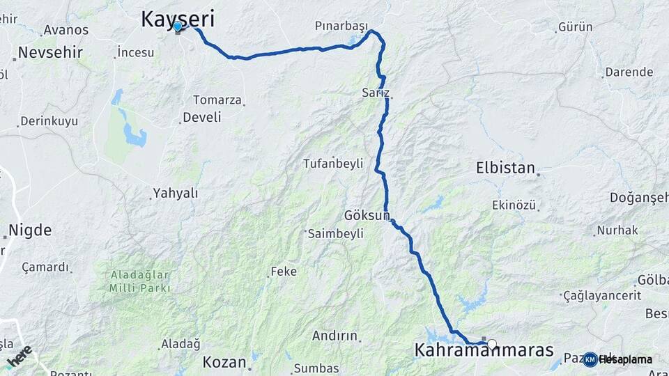 Kayseri Kahramanmaraş Havalimanı Arası Kaç Km - Yol Haritası