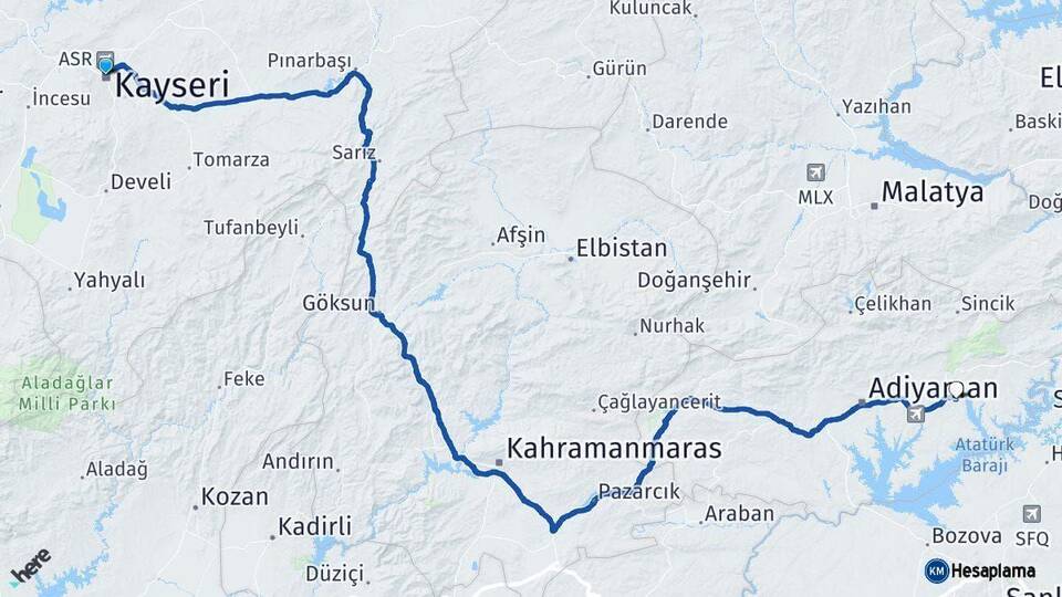 Kayseri Kahta Adıyaman Arası Kaç Km - Yol Haritası