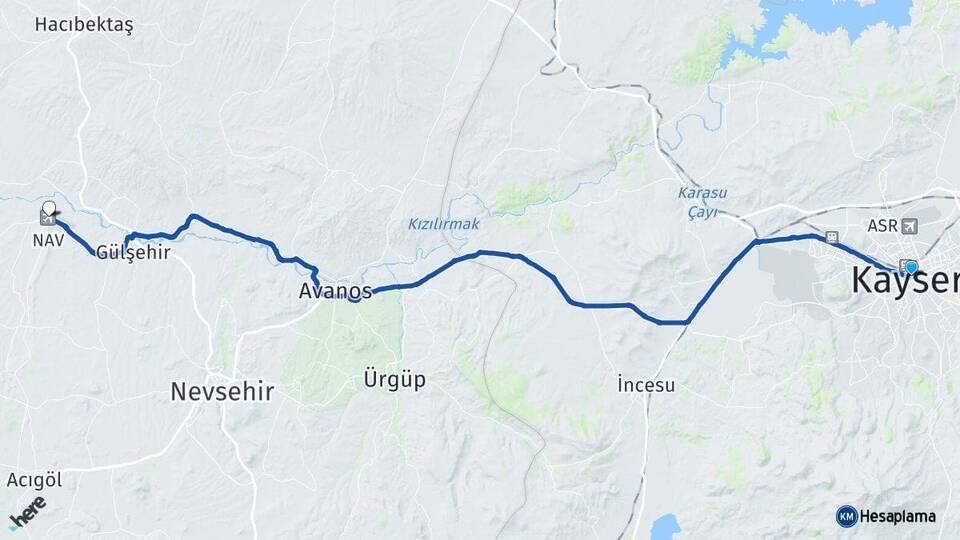 Kayseri Kapadokya Havalimanı Arası Kaç Km - Yol Haritası