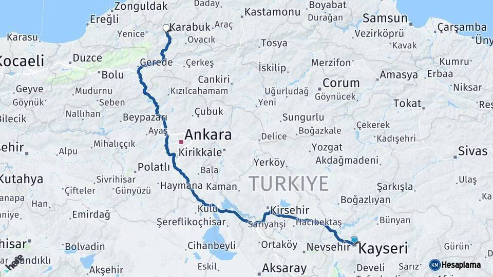 Kayseri Karabük Arası Kaç Km - Yol Haritası