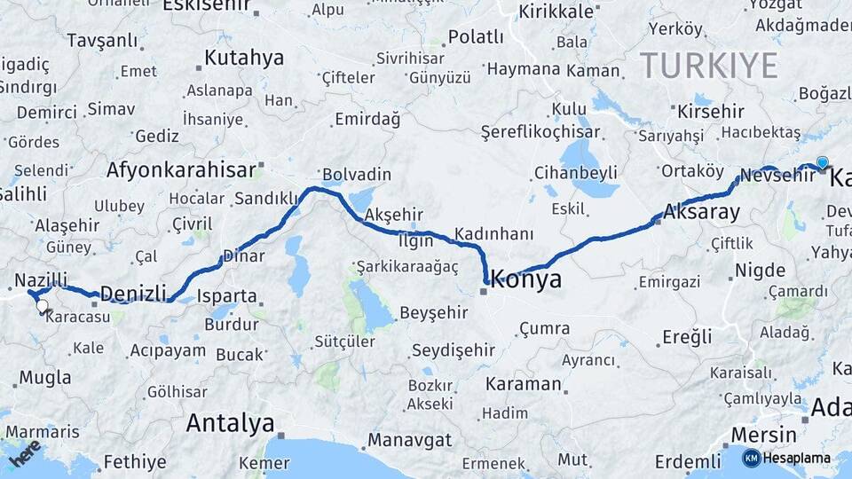 Kayseri Karacasu Aydın Arası Kaç Km - Yol Haritası