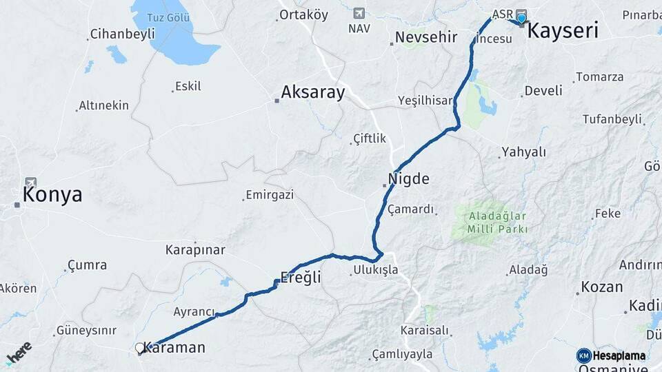 Kayseri Karaman Arası Kaç Km - Yol Haritası
