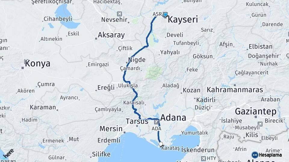 Kayseri Karataş Adana Arası Kaç Km - Yol Haritası
