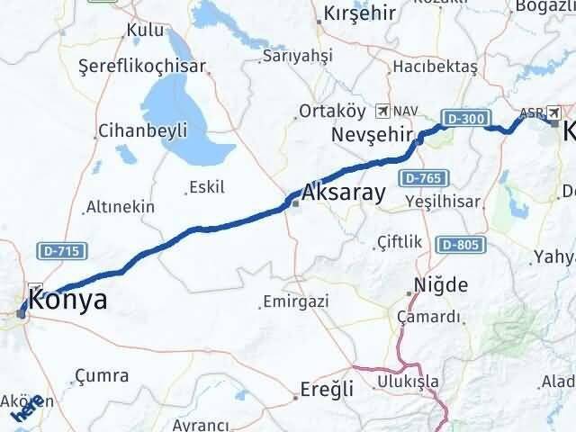 Kayseri Karatay Konya Arası Kaç Km - Yol Haritası