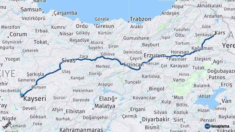 Kayseri Kars Arası Kaç Km - Yol Haritası
