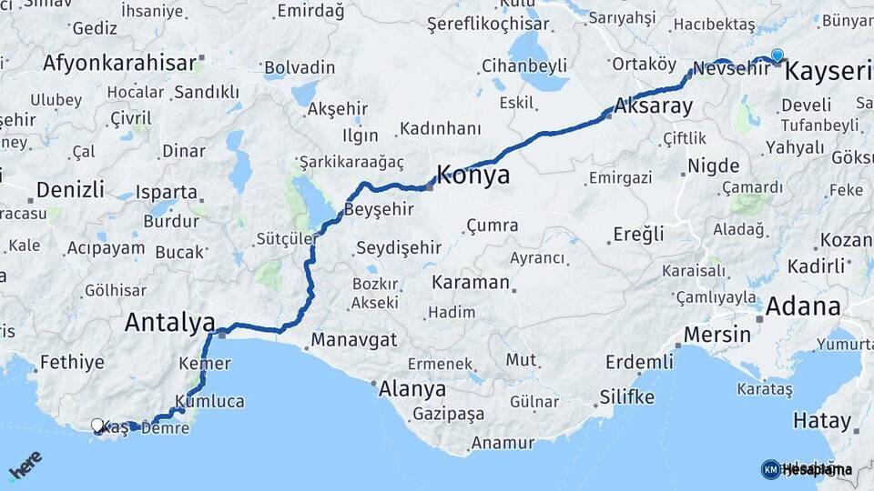 Kayseri Kaş Antalya Arası Kaç Km - Yol Haritası