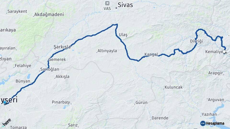 Kayseri Kemaliye Erzincan Arası Kaç Km - Yol Haritası