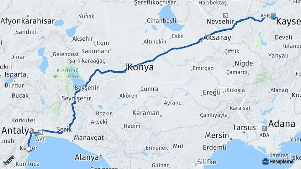Kayseri Kemer Antalya Arası Kaç Km - Yol Haritası