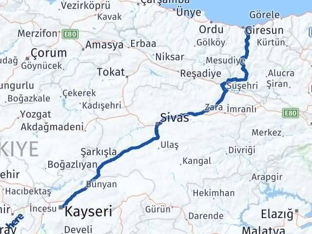Kayseri Keşap Giresun Arası Kaç Km - Yol Haritası