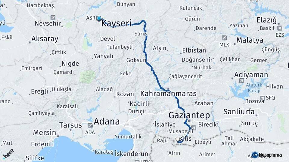 Kayseri Kilis Arası Kaç Km - Yol Haritası
