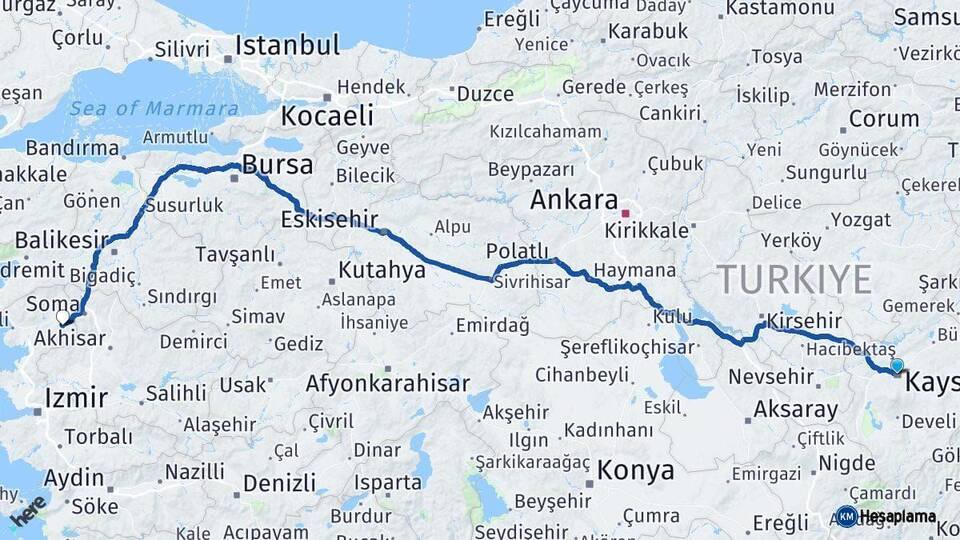 Kayseri Kınık İzmir Arası Kaç Km - Yol Haritası