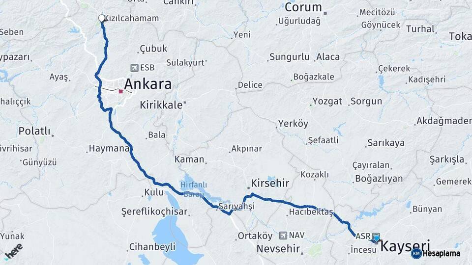 Kayseri Kızılcahamam Ankara Arası Kaç Km - Yol Haritası