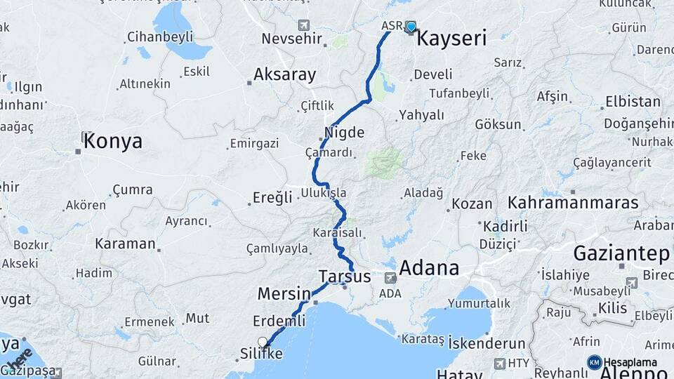Kayseri Kızkalesi Erdemli Mersin Arası Kaç Km - Yol Haritası