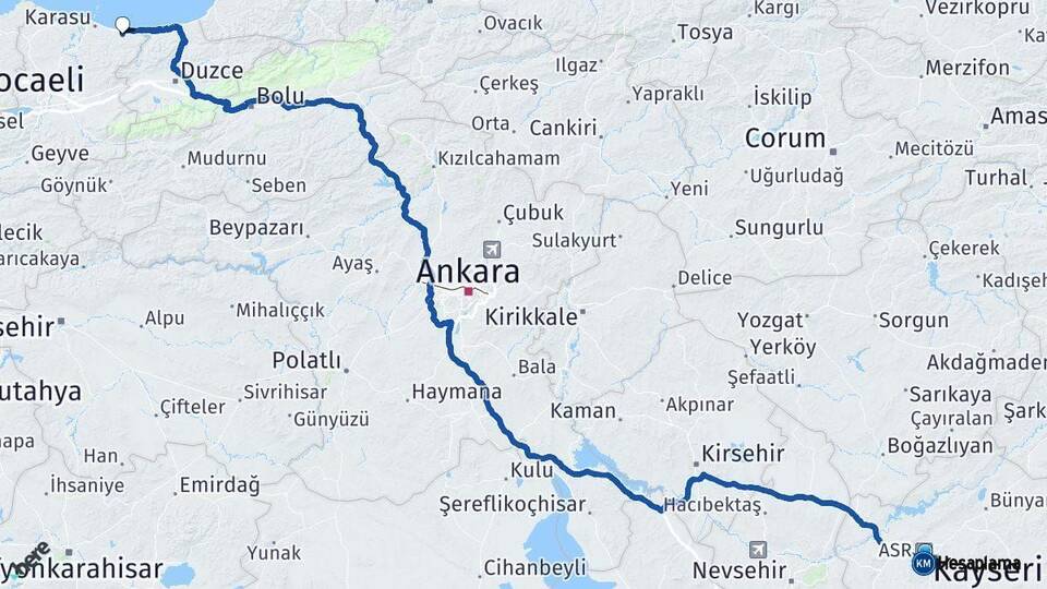 Kayseri Kocaali Sakarya Arası Kaç Km - Yol Haritası