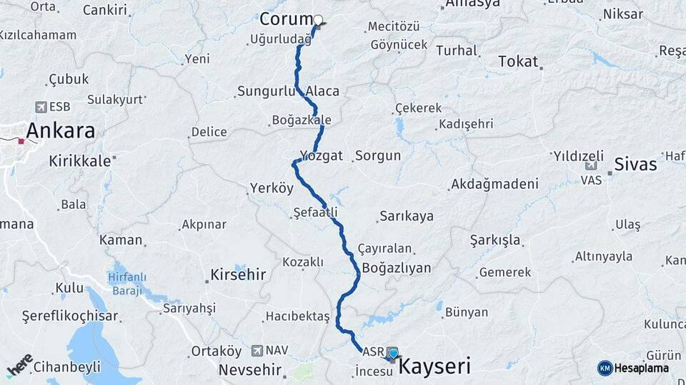 Kocasinan Çorum Arası Kaç Km - Yol Tarifi