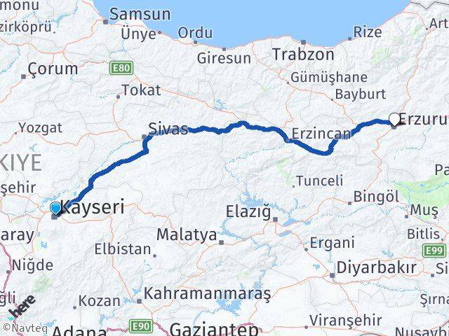 Kocasinan Erzurum Arası Kaç Km - Yol Tarifi