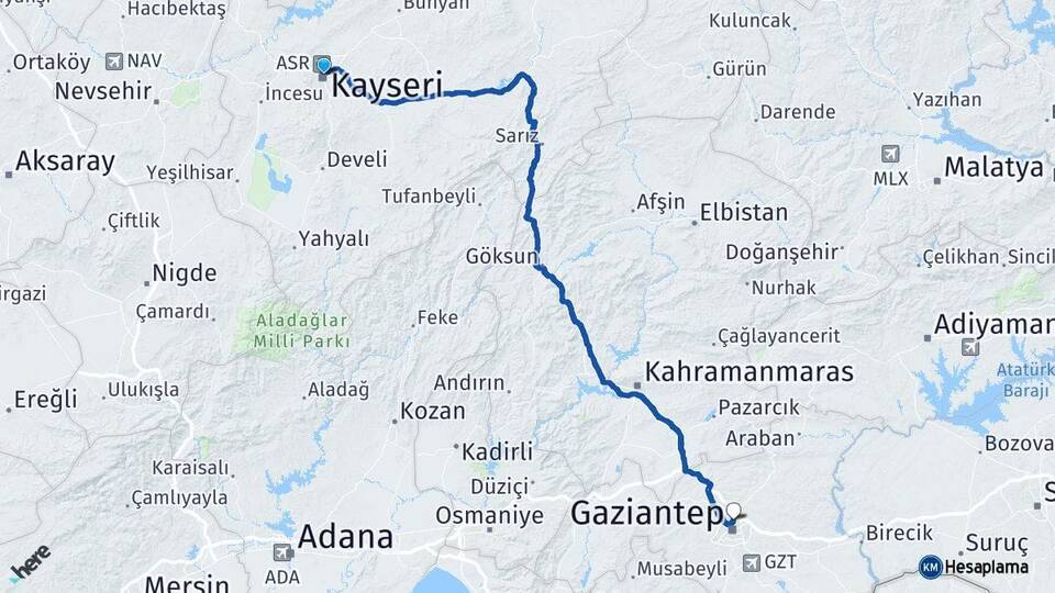 Kocasinan Gaziantep Arası Kaç Km - Yol Tarifi