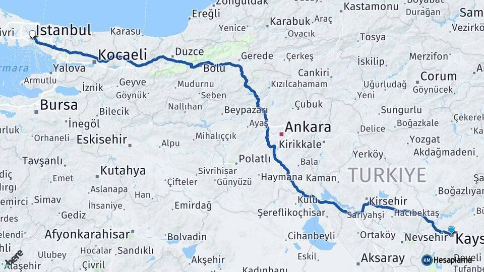 Kocasinan İstanbul Arası Kaç Km - Yol Tarifi
