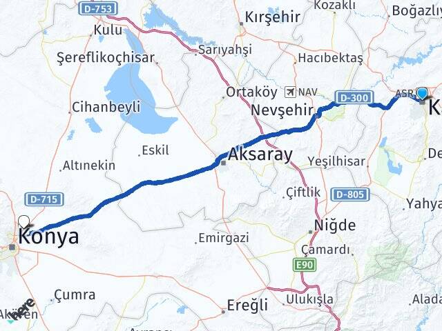 Kayseri Konya Havalimanı Arası Kaç Km - Yol Haritası