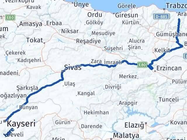 Kayseri Köprübaşı Trabzon Arası Kaç Km - Yol Haritası