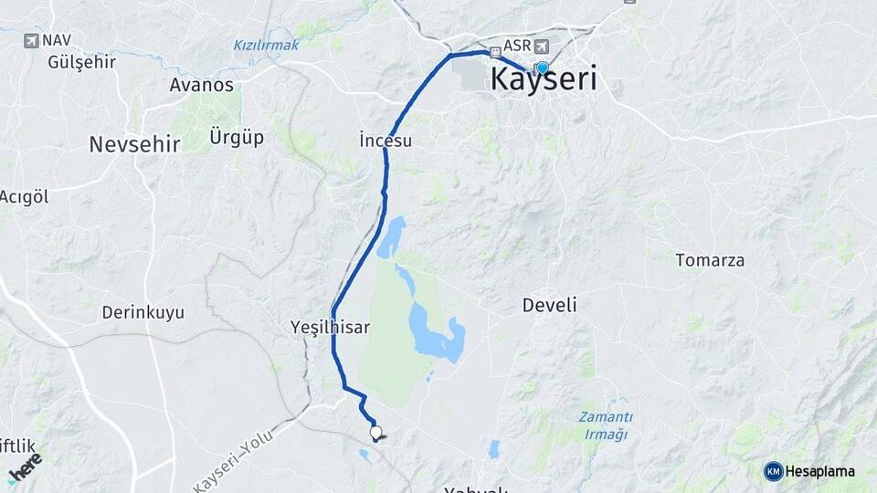 Kayseri Kovalı Yeşilhisar Arası Kaç Km - Yol Haritası