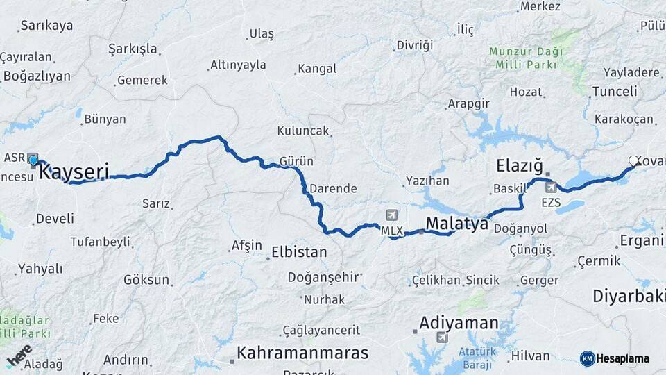 Kayseri Kovancılar Elazığ Arası Kaç Km - Yol Haritası