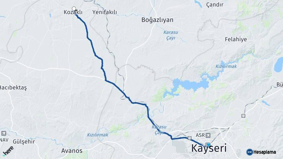 Kayseri Kozaklı Nevşehir Arası Kaç Km - Yol Haritası