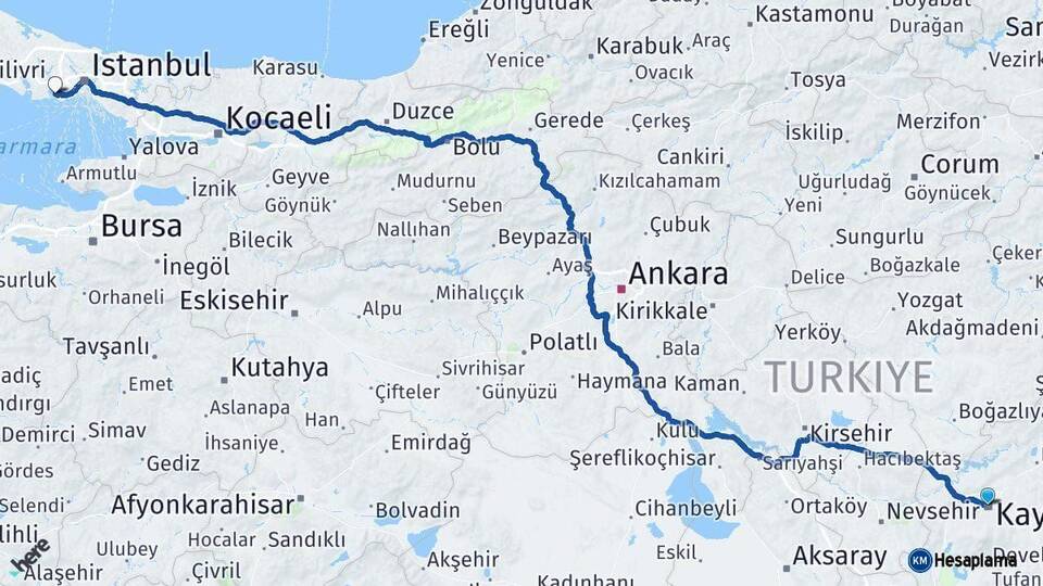 Kayseri Küçükçekmece İstanbul Arası Kaç Km - Yol Haritası
