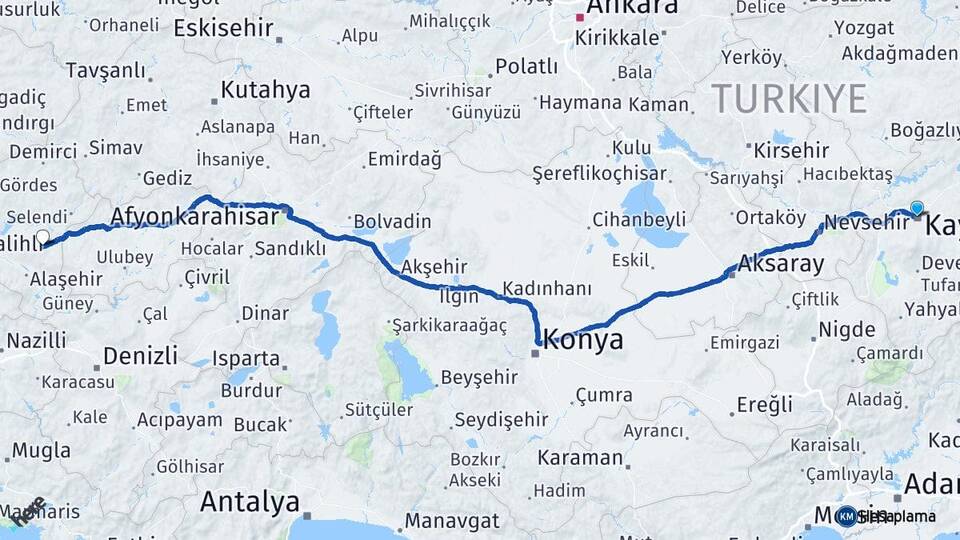 Kayseri Kula Manisa Arası Kaç Km - Yol Haritası