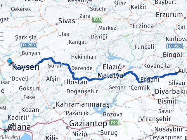 Kayseri Kulp Diyarbakır Arası Kaç Km - Yol Haritası