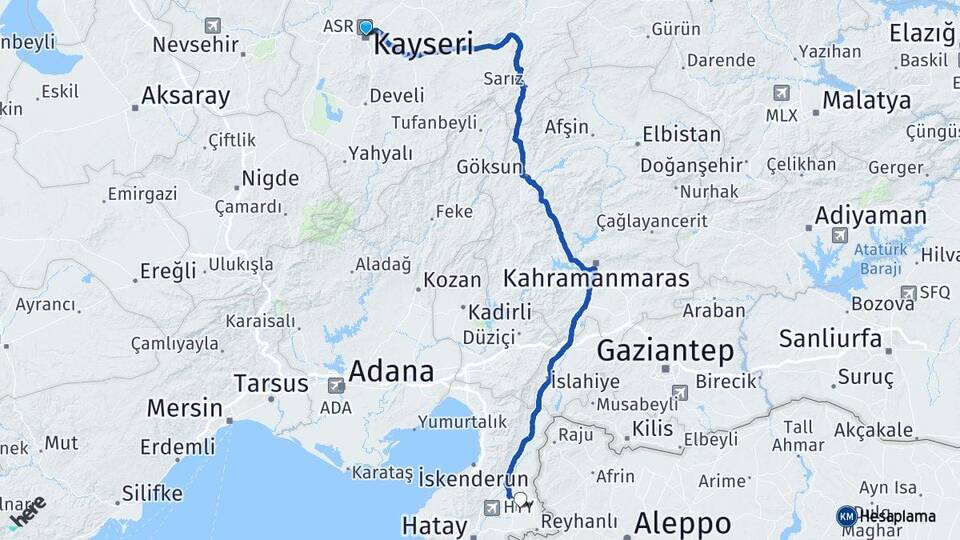 Kayseri Kumlu Hatay Arası Kaç Km - Yol Haritası