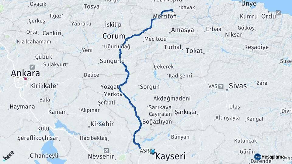 Kayseri Ladik Samsun Arası Kaç Km - Yol Haritası