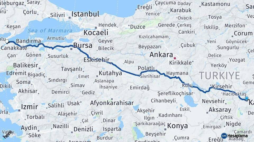 Kayseri Lapseki Çanakkale Arası Kaç Km - Yol Haritası