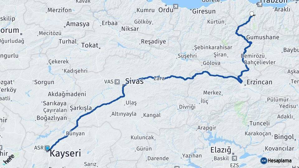 Kayseri Maçka Trabzon Arası Kaç Km - Yol Haritası