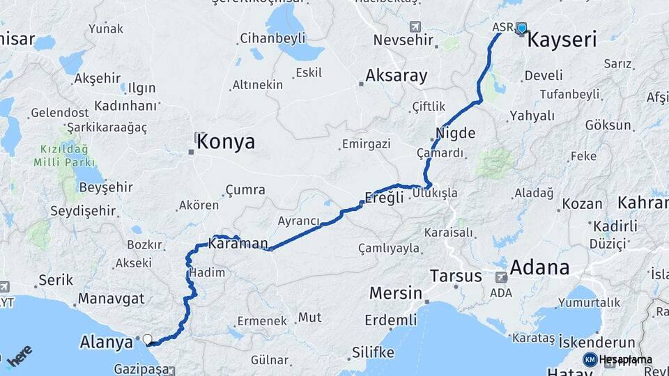 Kayseri Mahmutlar Alanya Antalya Arası Kaç Km - Yol Haritası