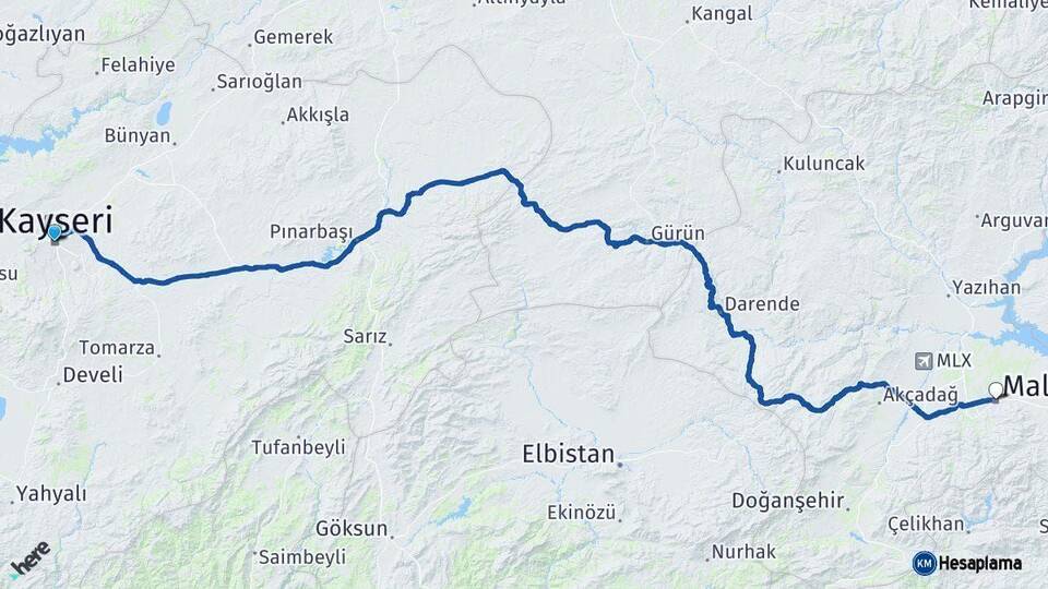 Kayseri Malatya Arası Kaç Km - Yol Haritası