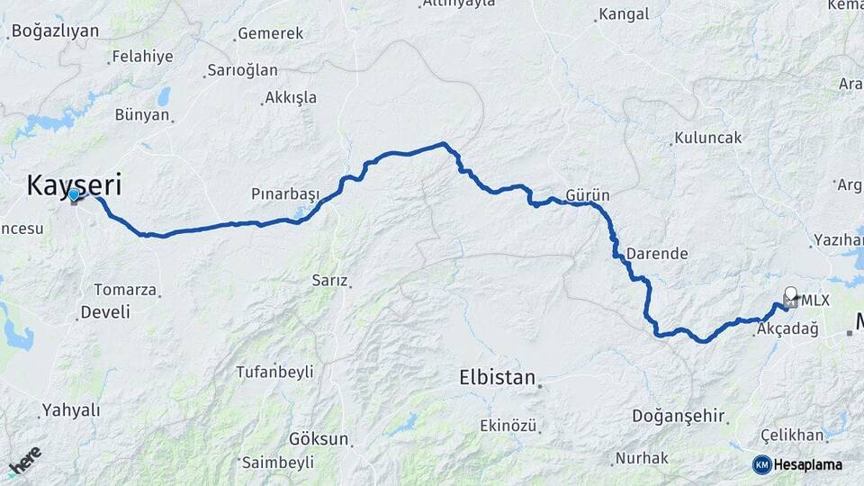 Kayseri Malatya Havalimanı Arası Kaç Km - Yol Haritası