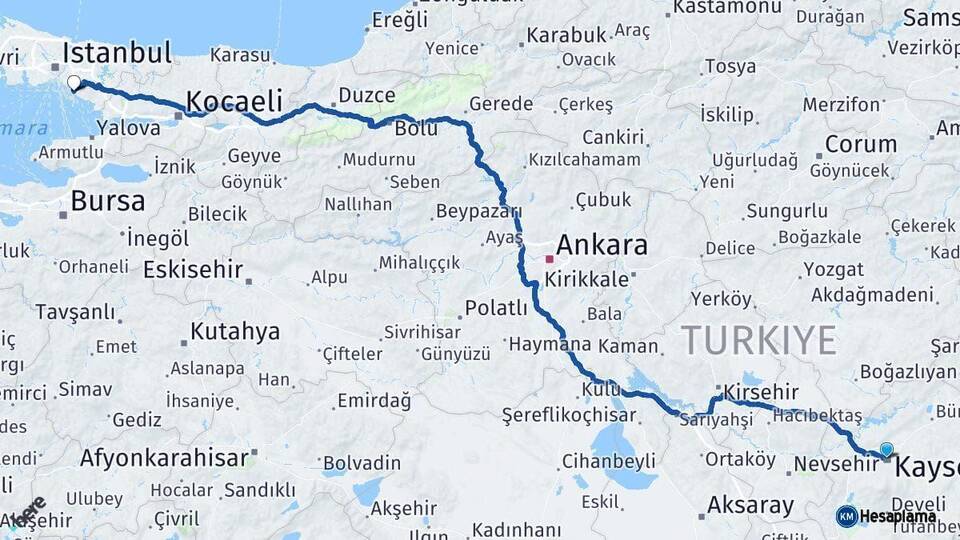 Kayseri Maltepe İstanbul Arası Kaç Km - Yol Haritası