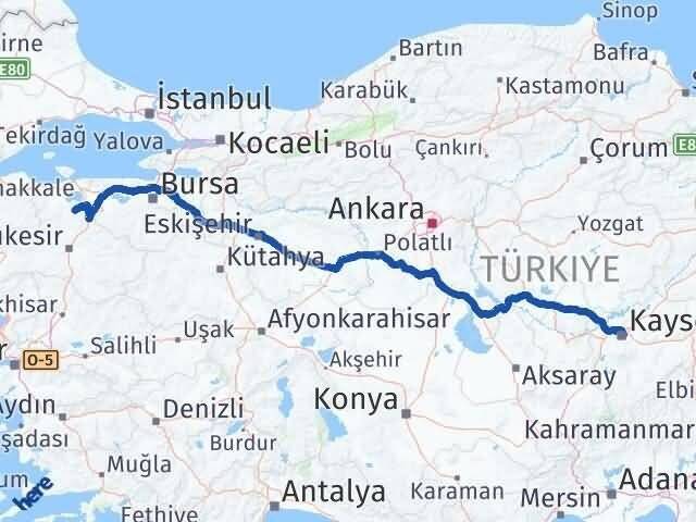 Kayseri Manyas Balıkesir Arası Kaç Km - Yol Haritası