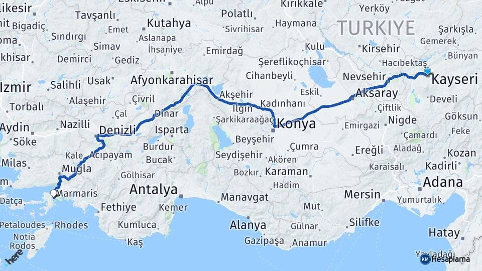 Kayseri Marmaris Muğla Arası Kaç Km - Yol Haritası