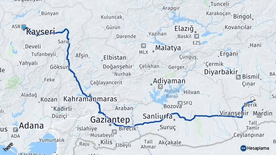 Kayseri Mazıdağı Mardin Arası Kaç Km - Yol Haritası