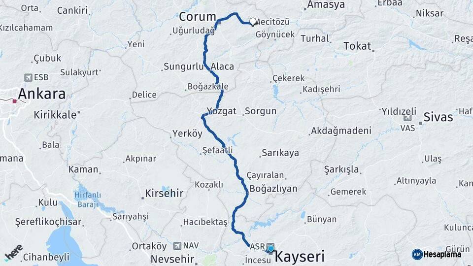 Kayseri Mecitözü Çorum Arası Kaç Km - Yol Haritası