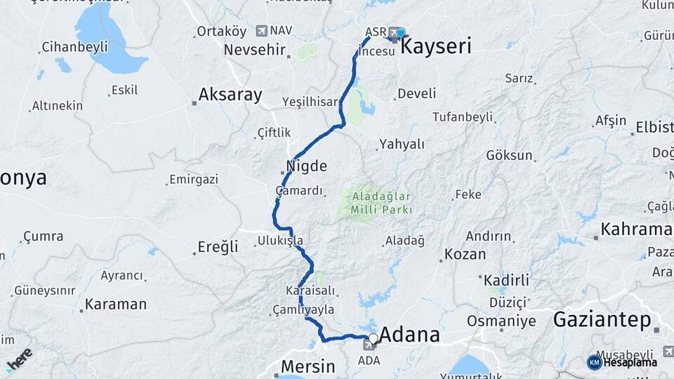 Kayseri Melikgazi Adana Arası Kaç Km - Yol Haritası