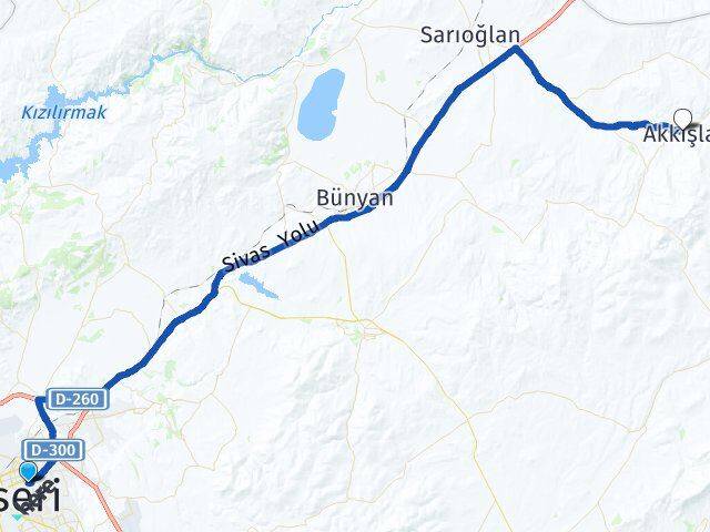 Kayseri Melikgazi Akkışla Arası Kaç Km - Yol Haritası
