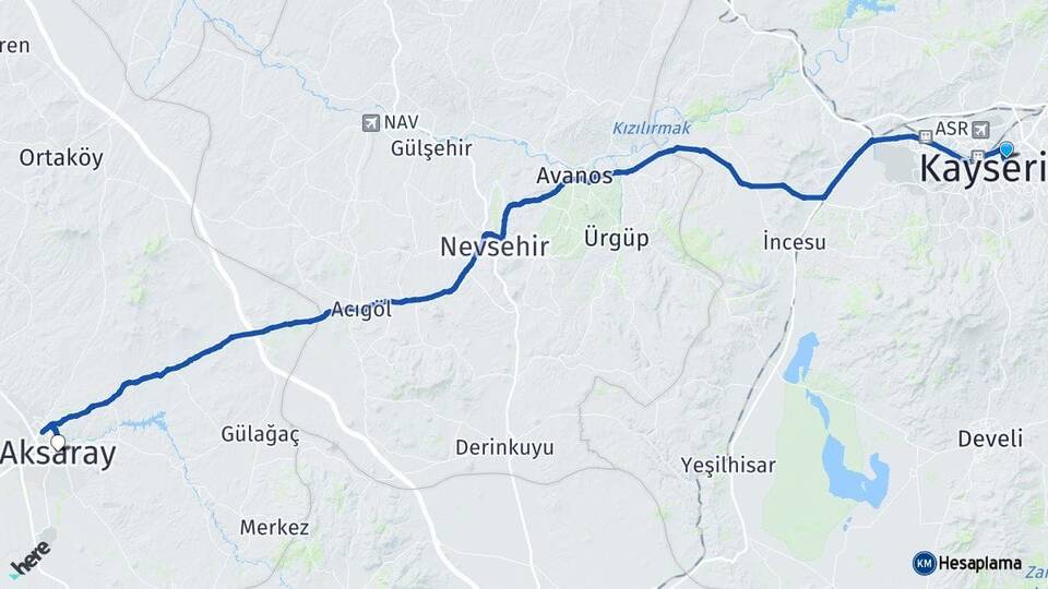 Kayseri Melikgazi Aksaray Arası Kaç Km - Yol Haritası